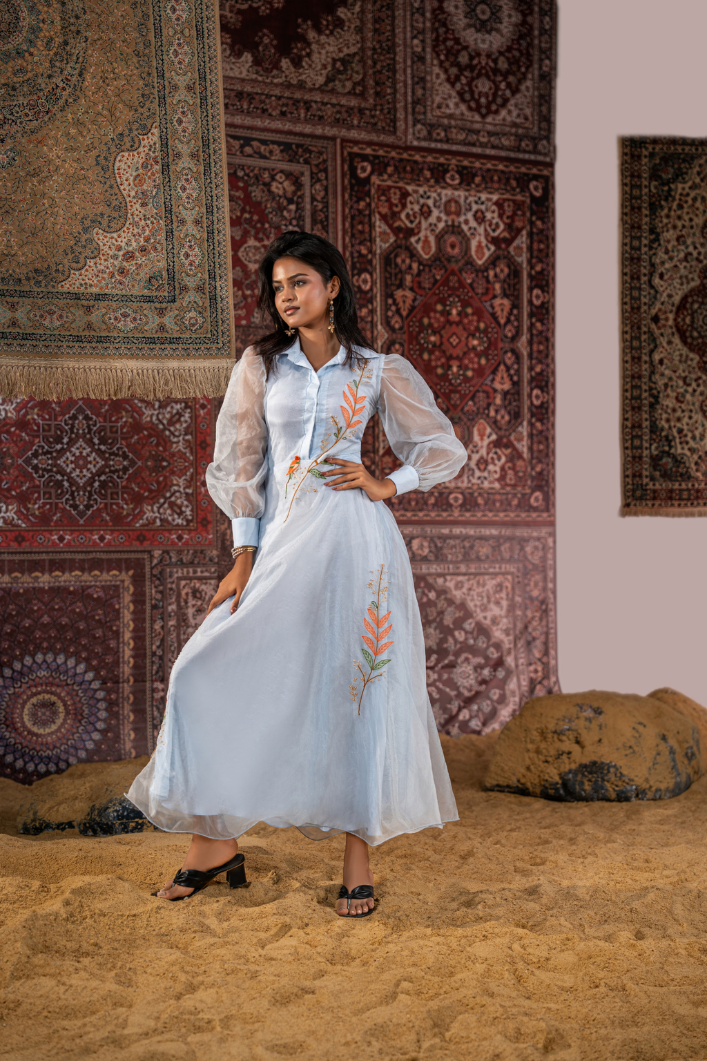 Azure Bloom - Luxury Organza Embroidered Flare Dress