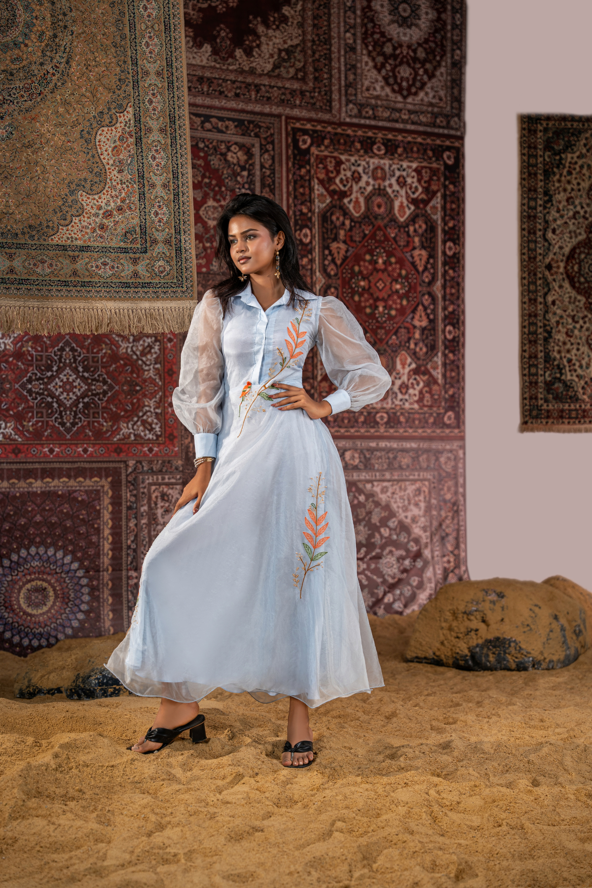 Azure Bloom - Luxury Organza Embroidered Flare Dress