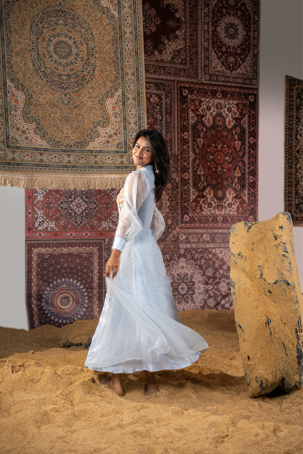 Azure Bloom - Luxury Organza Embroidered Flare Dress