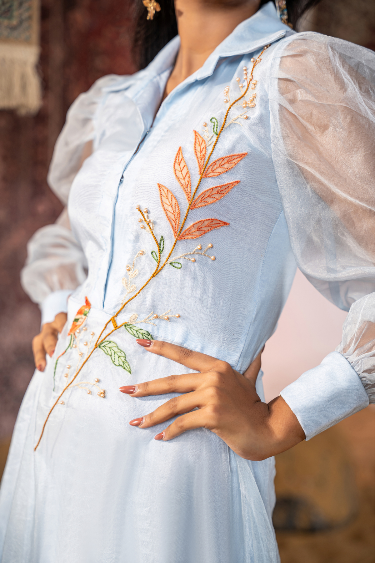 Azure Bloom - Luxury Organza Embroidered Flare Dress